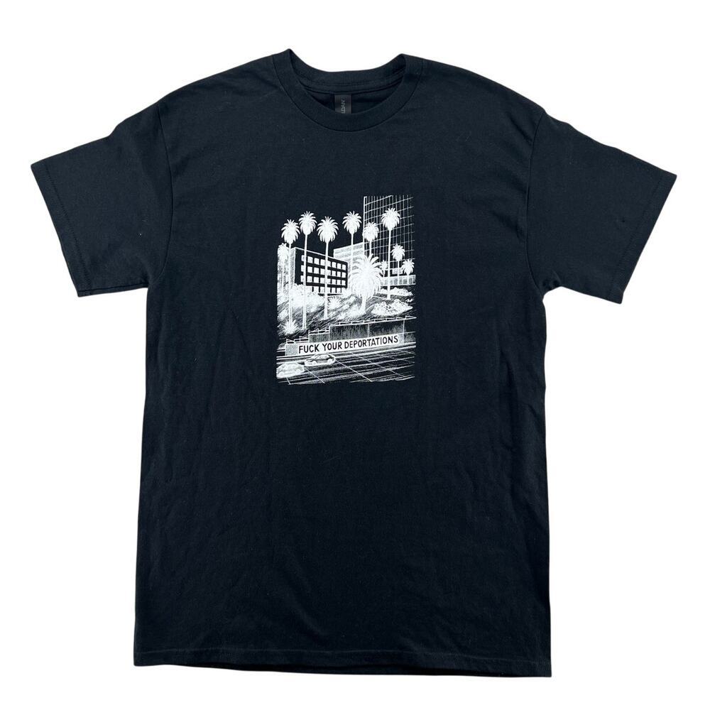 Black Graphic Tee Palm Tree Cityscape Protest Style Streetwear Mens M